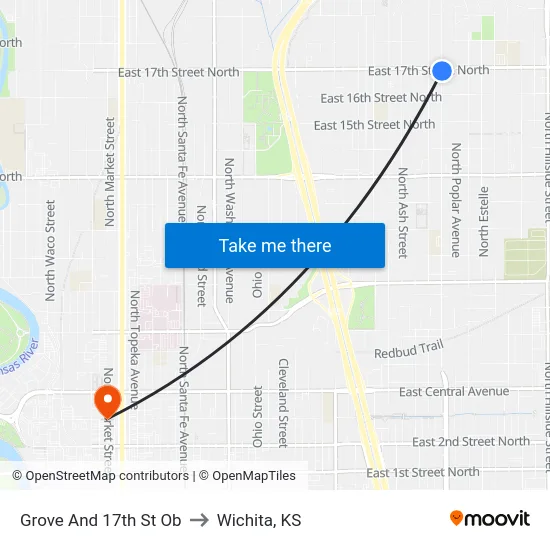 Grove And 17th St Ob to Wichita, KS map