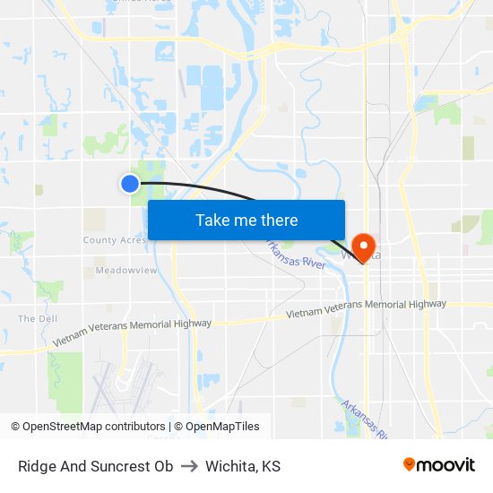 Ridge And Suncrest Ob to Wichita, KS map