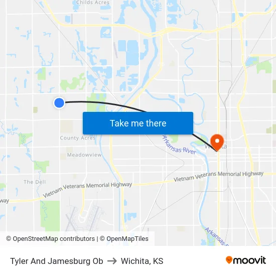 Tyler And Jamesburg Ob to Wichita, KS map