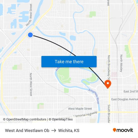 West And Westlawn Ob to Wichita, KS map