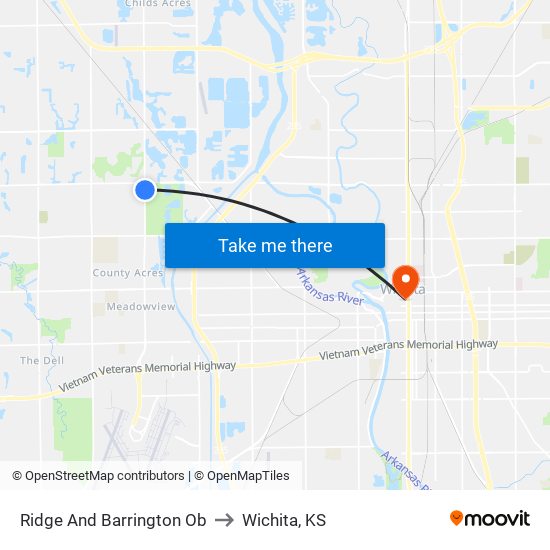 Ridge And Barrington Ob to Wichita, KS map