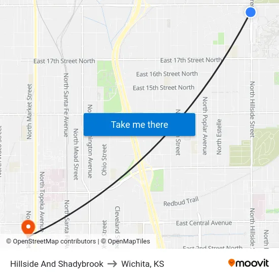 Hillside And Shadybrook to Wichita, KS map
