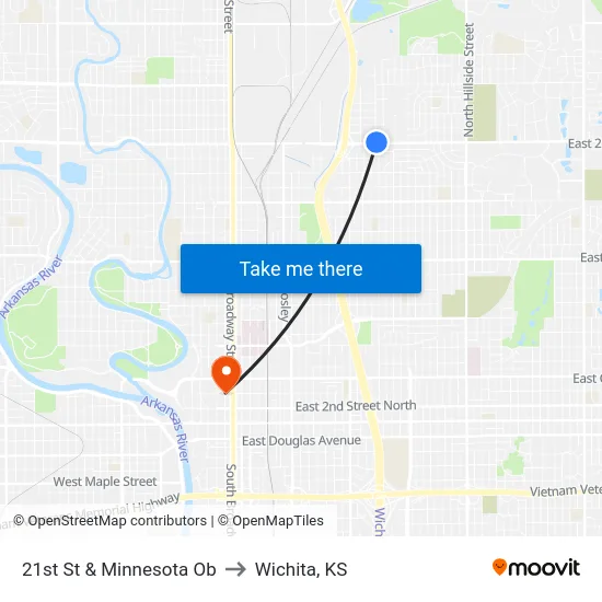 21st St & Minnesota Ob to Wichita, KS map