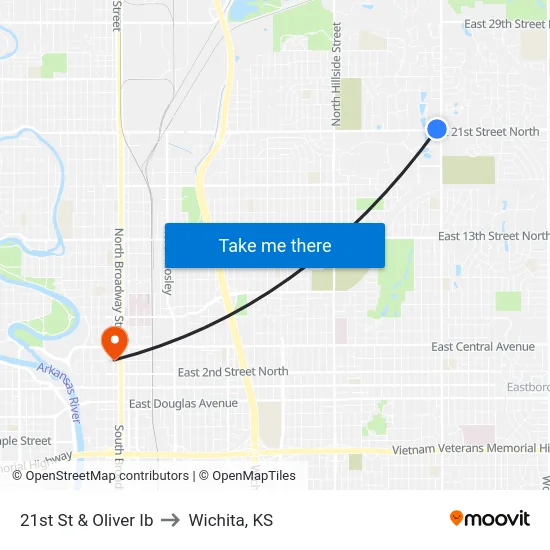 21st St & Oliver Ib to Wichita, KS map