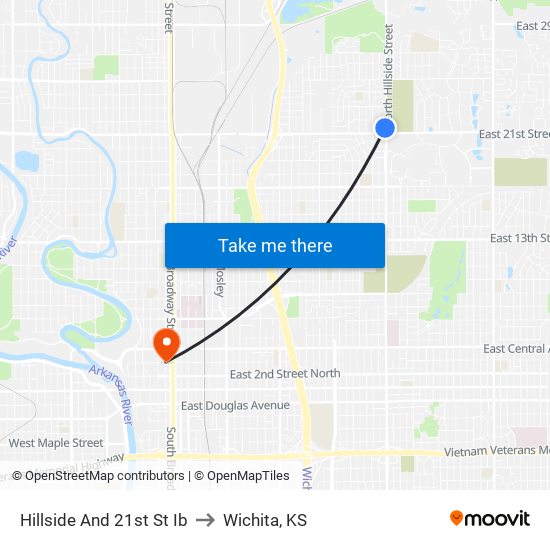 Hillside And 21st St Ib to Wichita, KS map