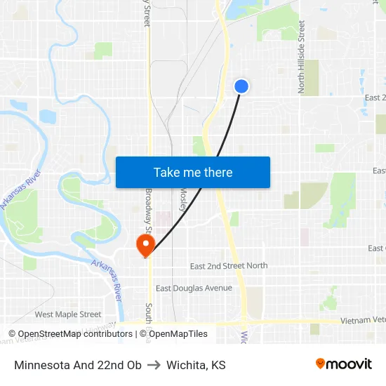 Minnesota And 22nd Ob to Wichita, KS map