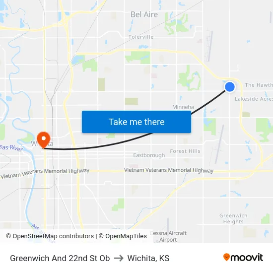 Greenwich And 22nd St Ob to Wichita, KS map