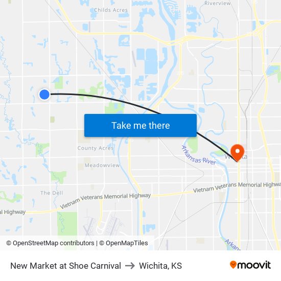 New Market at Shoe Carnival to Wichita, KS map