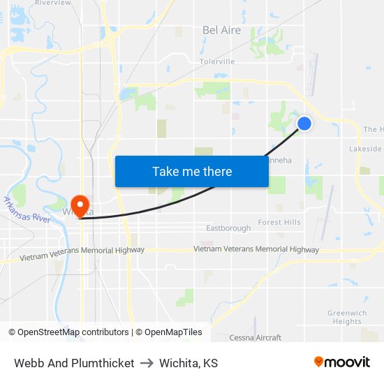 Webb And Plumthicket to Wichita, KS map