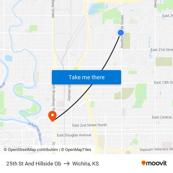 25th St And Hillside Ob to Wichita, KS map