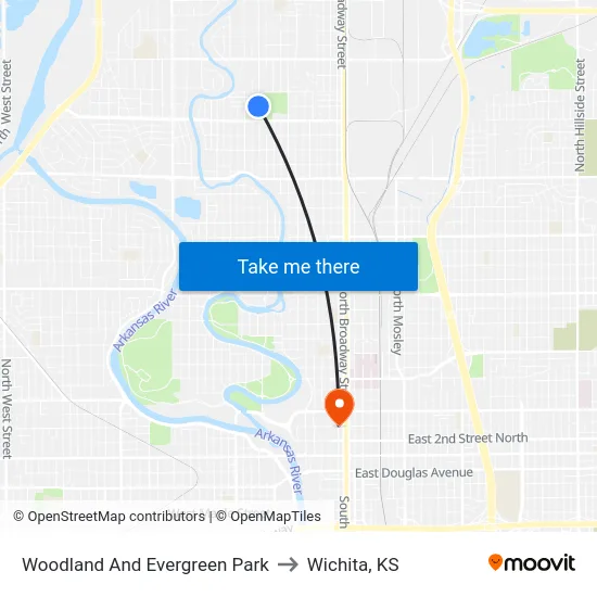 Woodland And Evergreen Park to Wichita, KS map