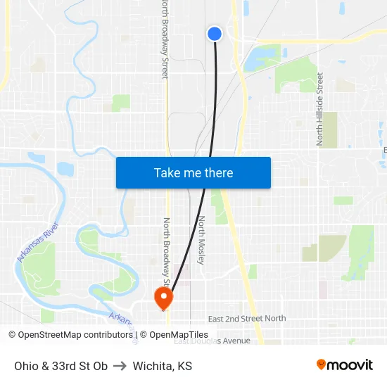 Ohio & 33rd St Ob to Wichita, KS map