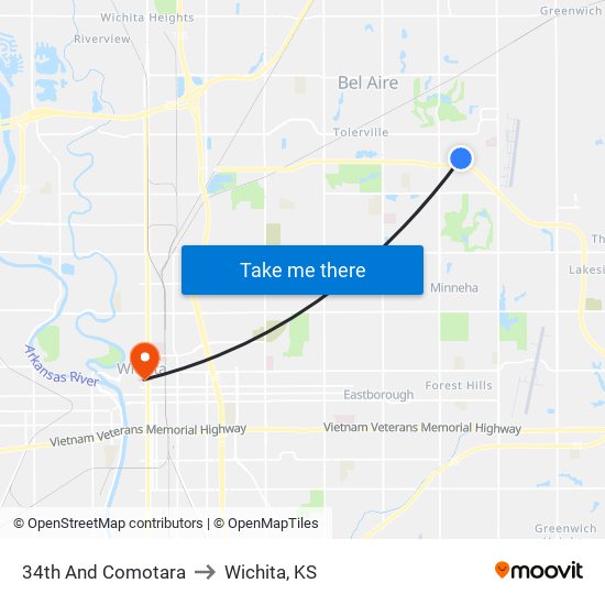 34th And Comotara to Wichita, KS map