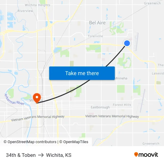 34th & Toben to Wichita, KS map
