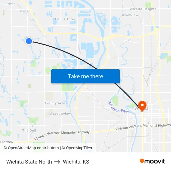 Wichita State North to Wichita, KS map