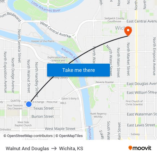 Walnut And Douglas to Wichita, KS map