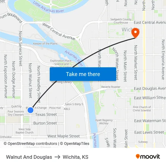 Walnut And Douglas to Wichita, KS map