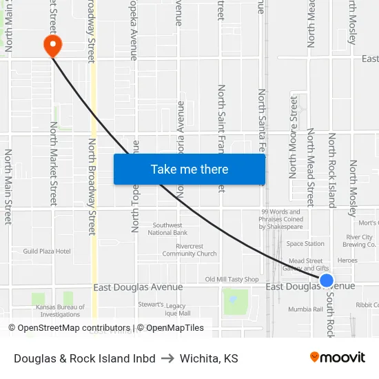 Douglas & Rock Island Inbd to Wichita, KS map