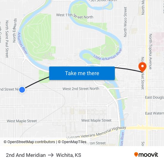 2nd And Meridian to Wichita, KS map