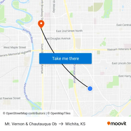 Mt. Vernon & Chautauqua Ob to Wichita, KS map