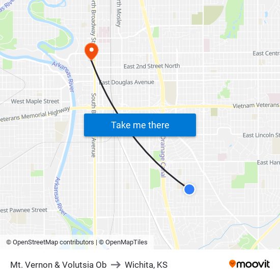 Mt. Vernon & Volutsia Ob to Wichita, KS map