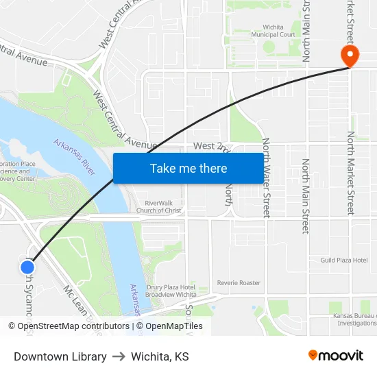 Downtown Library to Wichita, KS map