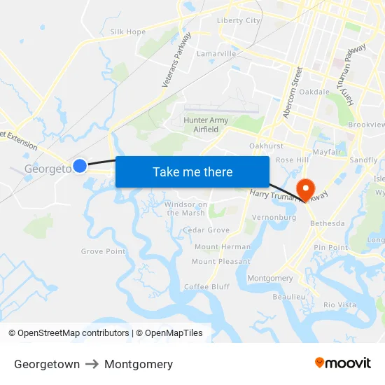 Georgetown to Montgomery map