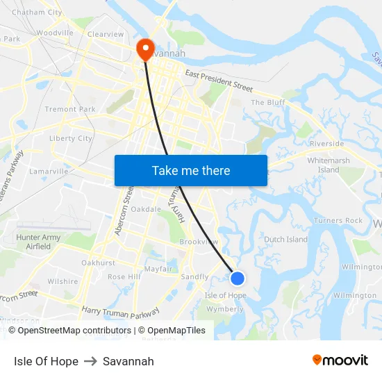 Isle Of Hope to Savannah map