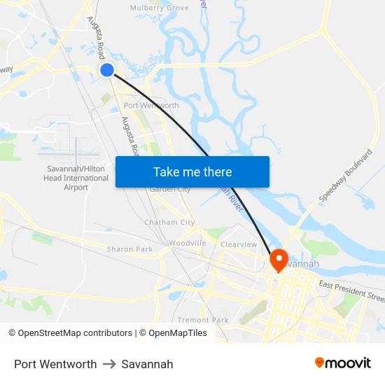 Port Wentworth to Savannah map