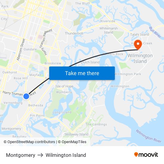 Montgomery to Wilmington Island map