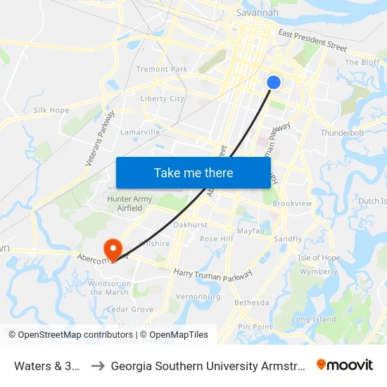 Waters & 35th Sb to Georgia Southern University Armstrong Campus map