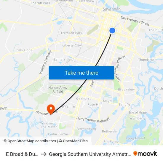 E Broad & Duffy Nb to Georgia Southern University Armstrong Campus map
