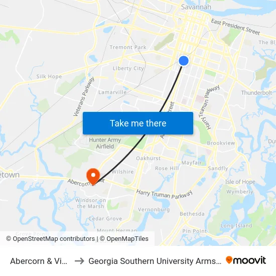 Abercorn & Victory Sb to Georgia Southern University Armstrong Campus map