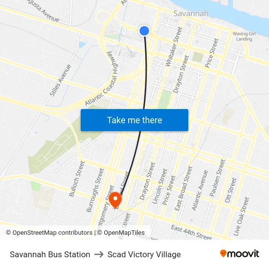 Savannah Bus Station to Scad Victory Village map