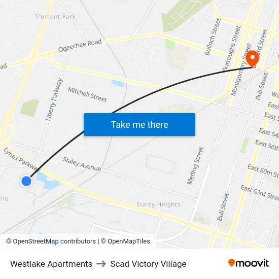 Westlake Apartments to Scad Victory Village map