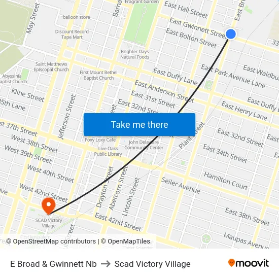 E Broad & Gwinnett Nb to Scad Victory Village map