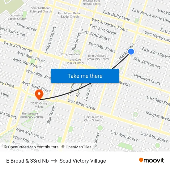 E Broad & 33rd Nb to Scad Victory Village map