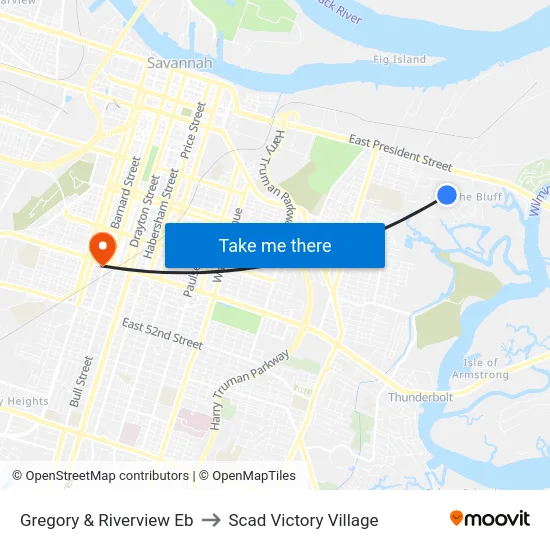 Gregory & Riverview Eb to Scad Victory Village map