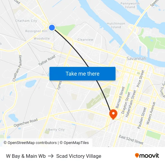 W Bay & Main Wb to Scad Victory Village map
