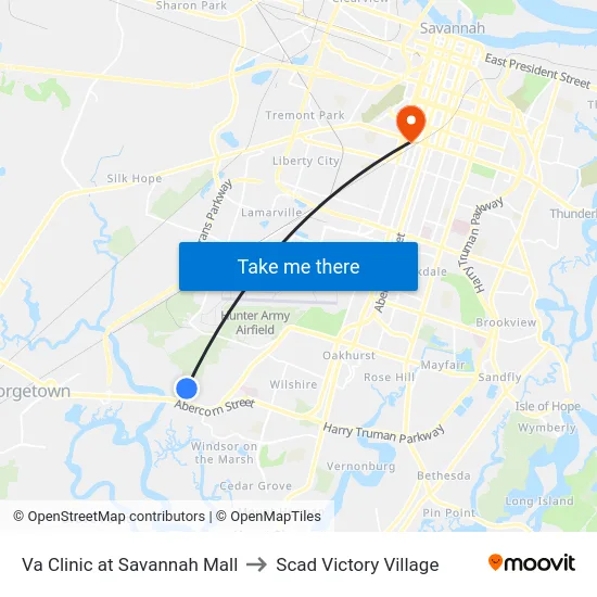Va Clinic at Savannah Mall to Scad Victory Village map