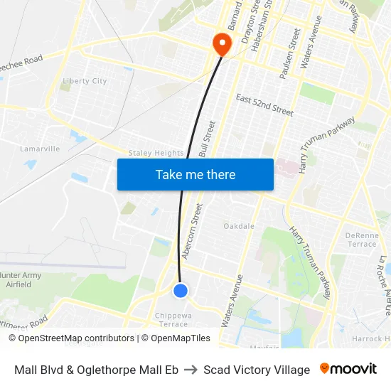 Mall Blvd & Oglethorpe Mall Eb to Scad Victory Village map