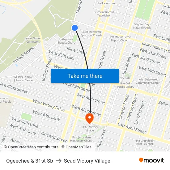Ogeechee & 31st Sb to Scad Victory Village map