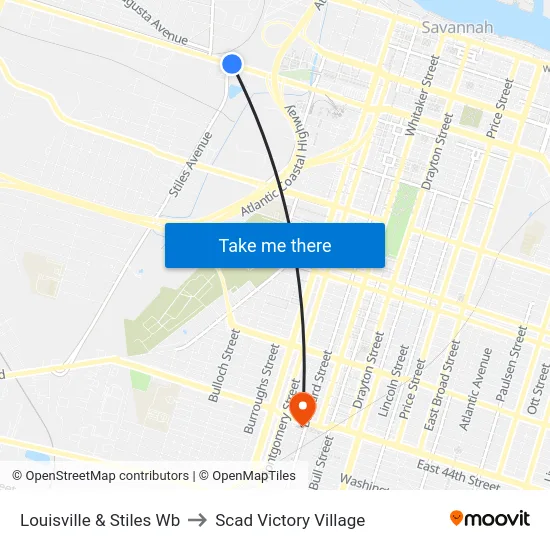 Louisville & Stiles Wb to Scad Victory Village map
