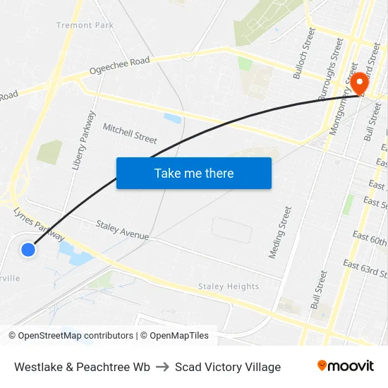 Westlake & Peachtree Wb to Scad Victory Village map