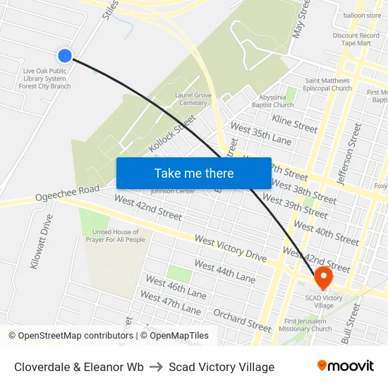 Cloverdale & Eleanor Wb to Scad Victory Village map