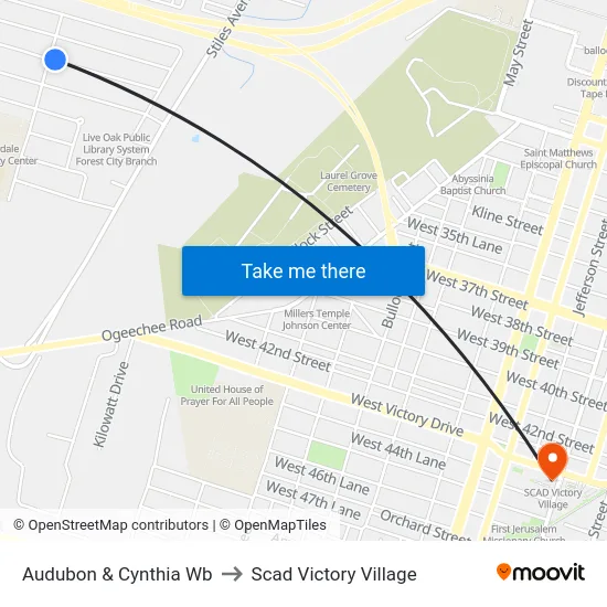 Audubon & Cynthia Wb to Scad Victory Village map