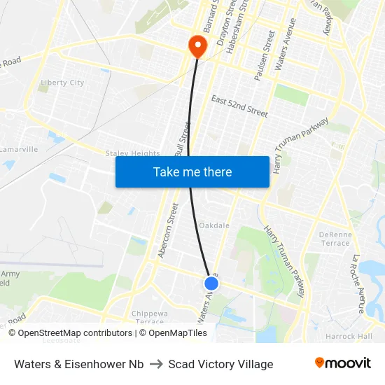 Waters & Eisenhower Nb to Scad Victory Village map