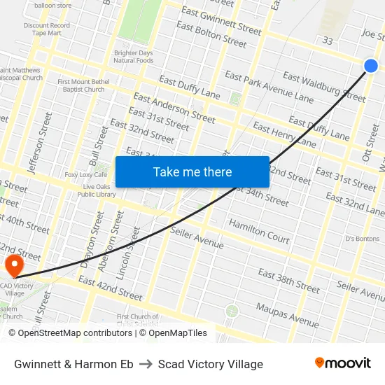 Gwinnett & Harmon Eb to Scad Victory Village map