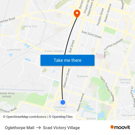 Oglethorpe Mall to Scad Victory Village map