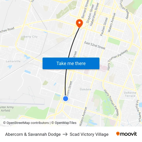 Abercorn & Savannah Dodge to Scad Victory Village map